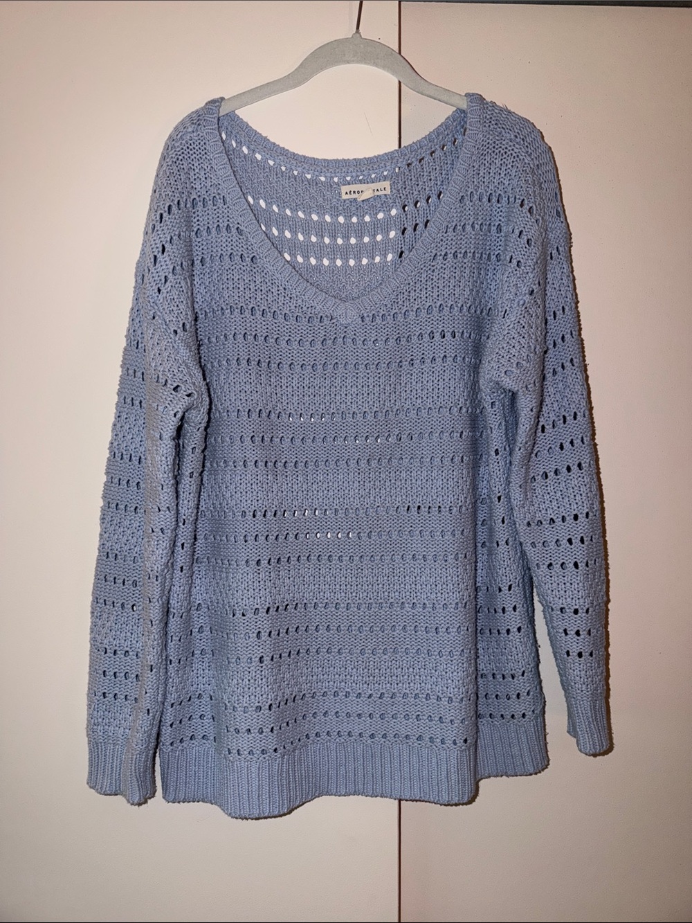 Aeropostale Light Blue Open-Knit V-Neck Sweater, Size S